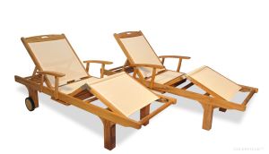 Teak Chaise Lounge Sunlounger PAIR  with arm, Cream Sling Fabric