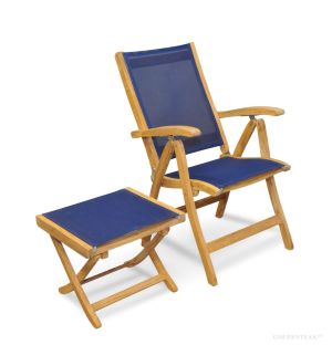 Teak Sling Recliner and Foot Stool Set - Navy