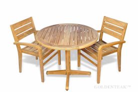 Teak Dining Set Small, Round Table and 2 stacking chairs