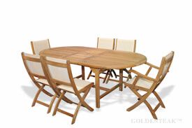 Teak Dining Set Oval Ext Table 6 Providence Chairs Cream