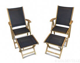 Teak Recliner and Foot Stool SET PAIR - Black Sling Fabric - Goldenteak