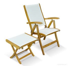 Teak and Sling Recliner with Foot Stool - White - Goldenteak